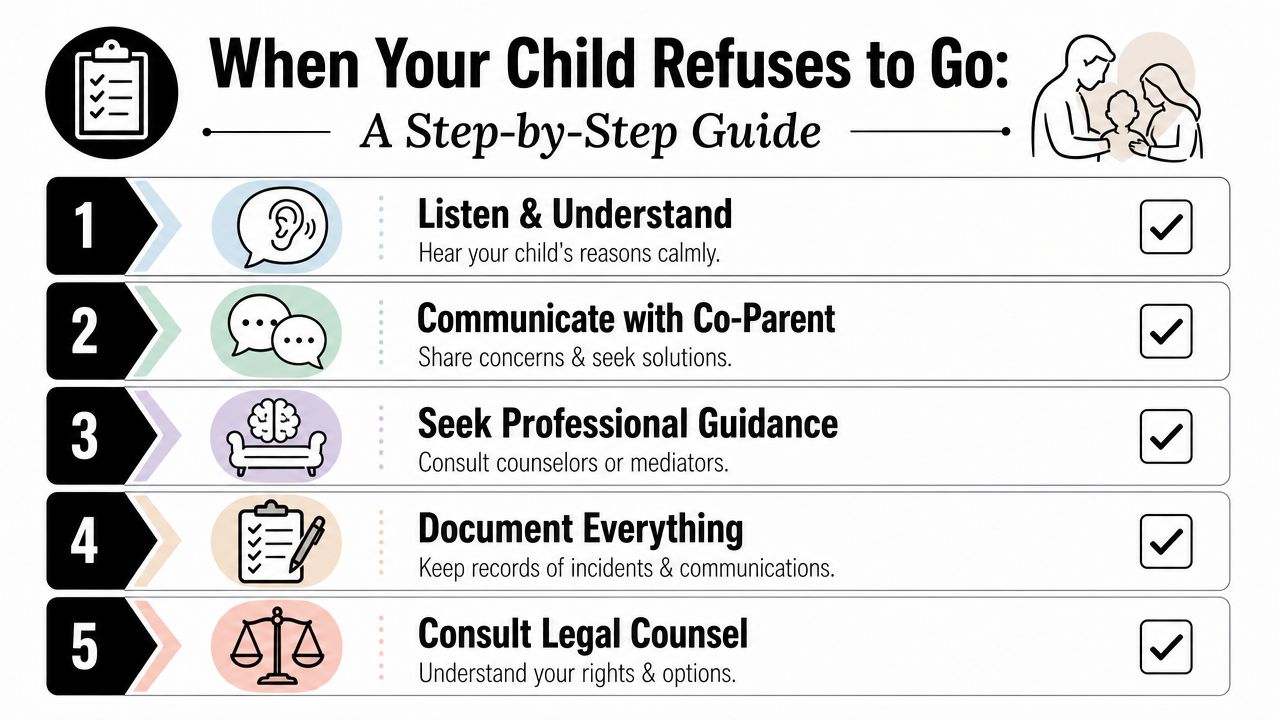 A five-step guide for parents on how to handle situations when their child refuses visitation.