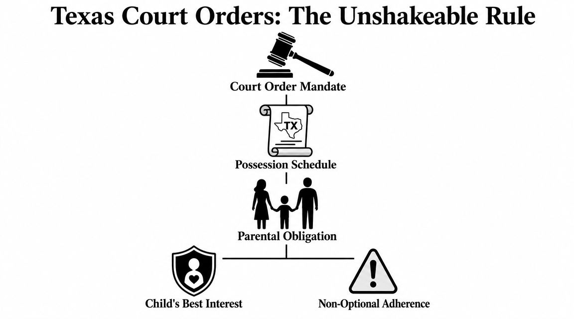 A diagram illustrating the legal importance of following Texas court-ordered child custody possession schedules.
