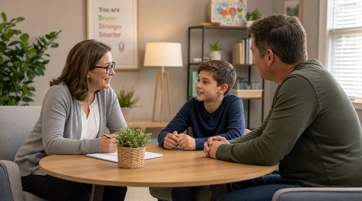 A young boy sits at a table having a supportive conversation with his mother and father.