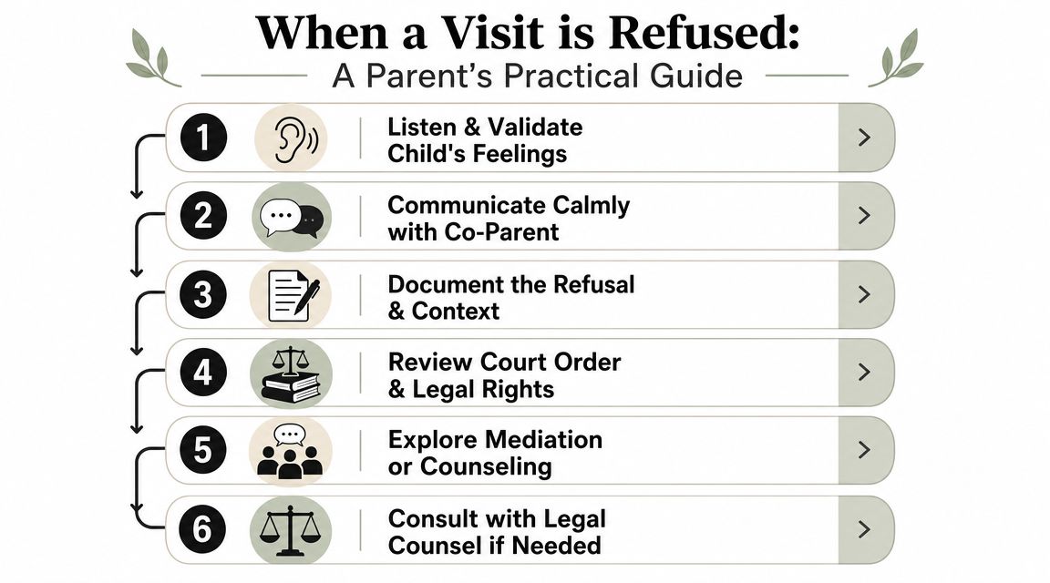 A six-step guide for parents on how to respond when a child refuses a scheduled visit.
