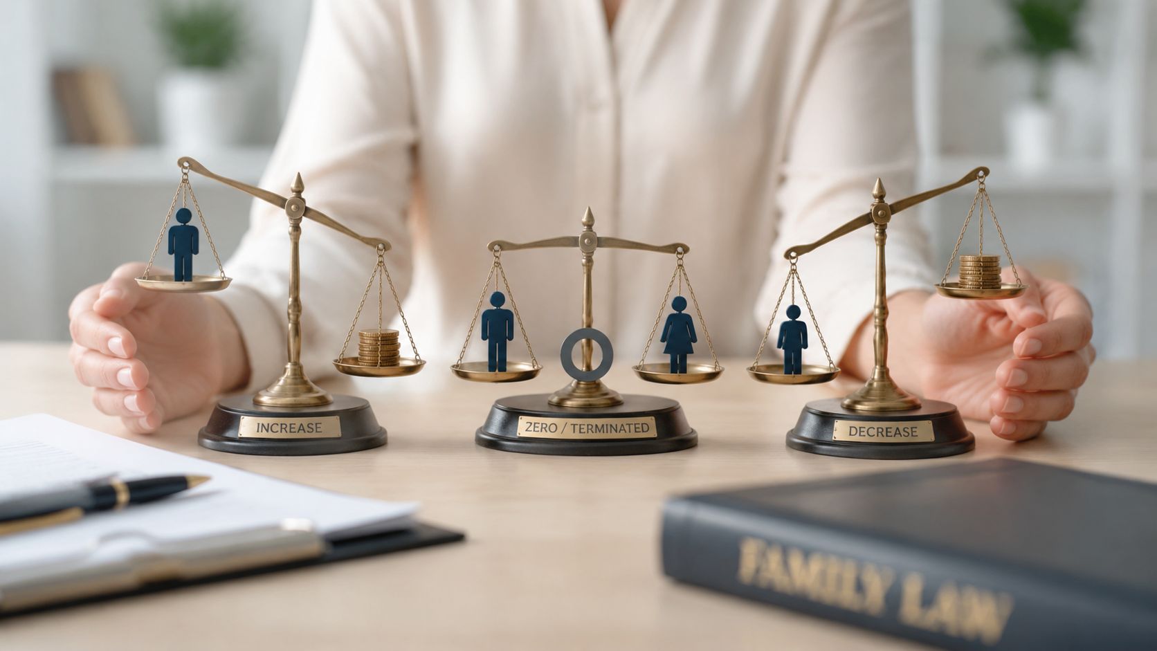 Three balance scales representing legal child support modification concepts labeled as increase, zero terminated, and decrease.
