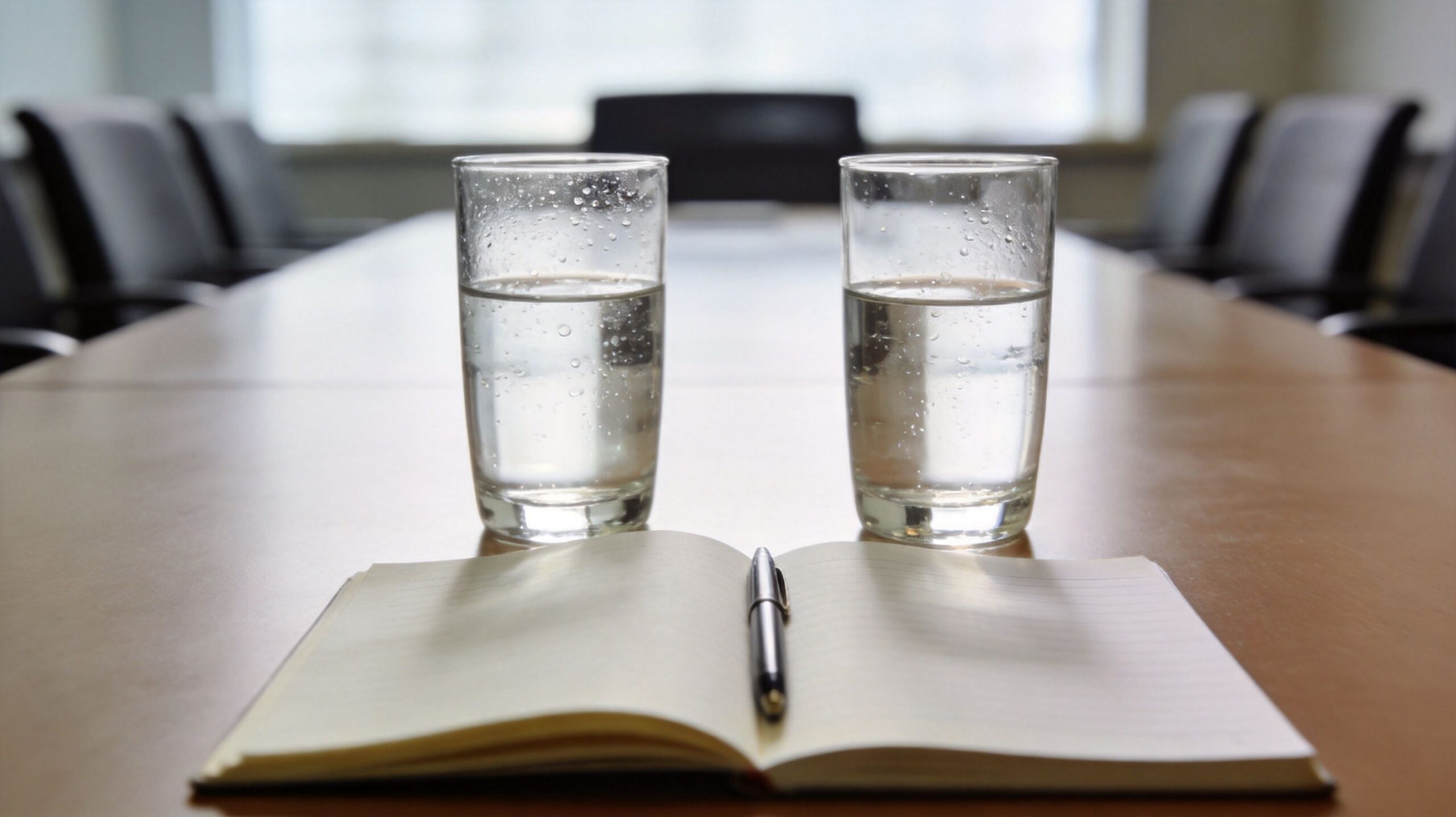 Two water glasses and an open notebook with a pen sitting on a boardroom conference table.
