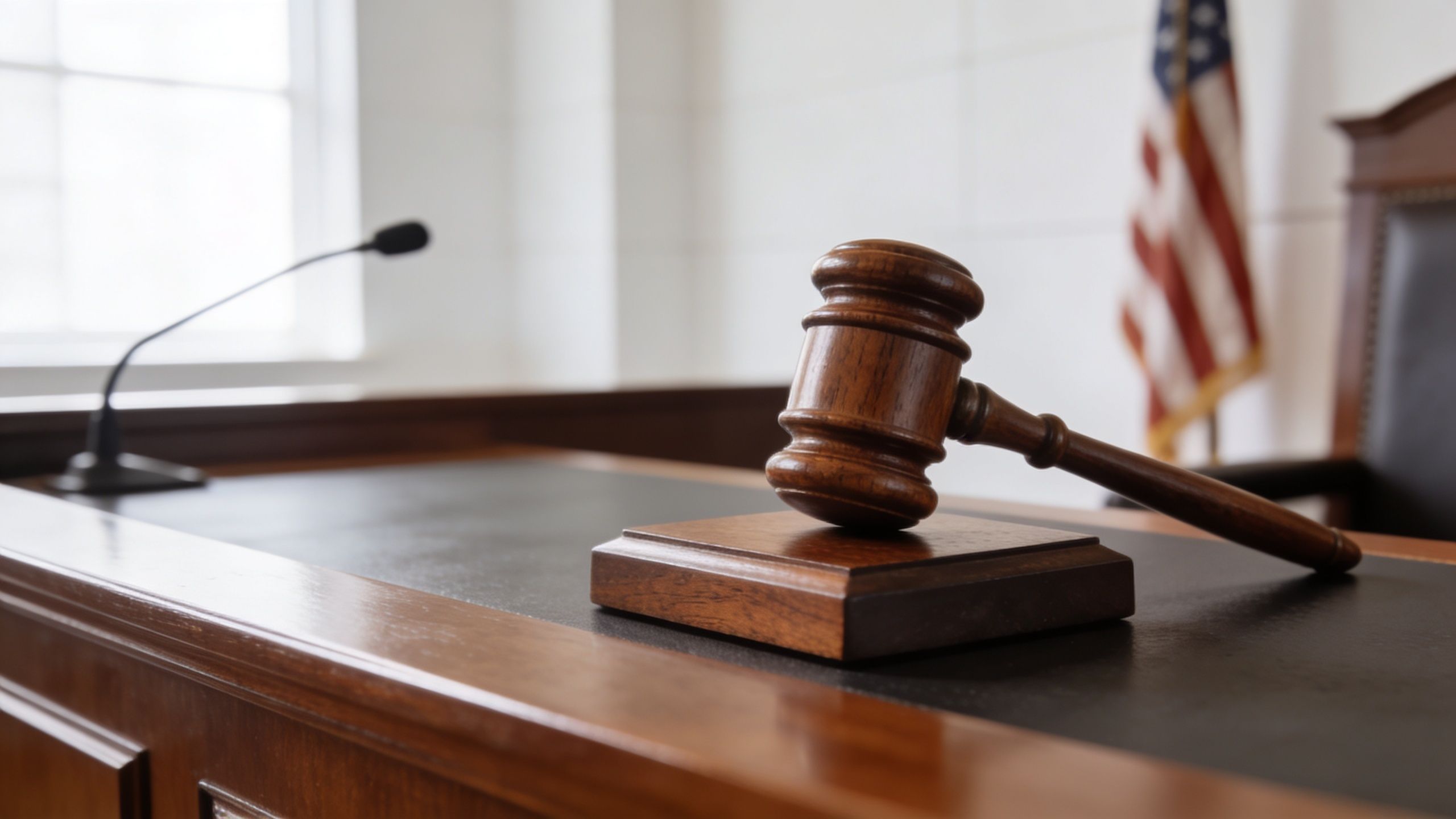 A wooden judge gavel resting on a desk in a courtroom with an American flag nearby.