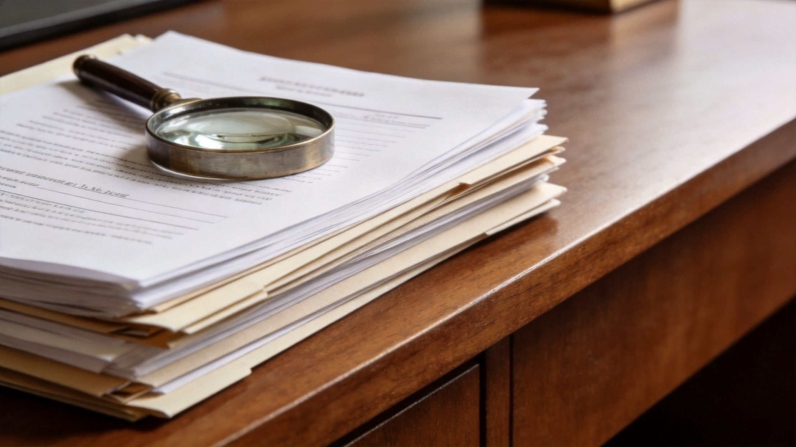 A magnifying glass resting on a stack of legal documents on a dark wooden office desk.