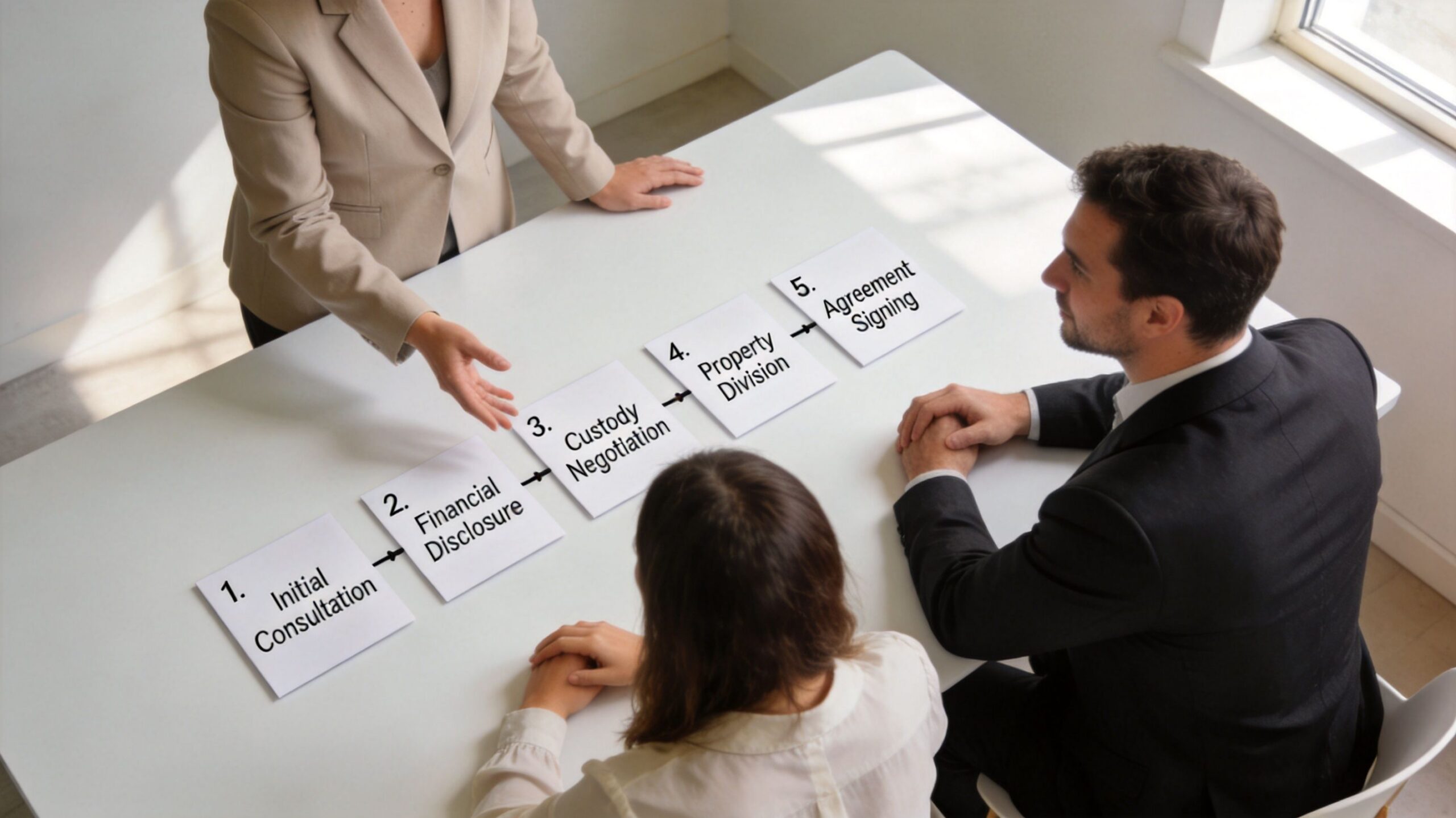 A professional mediator guiding a couple through the five steps of the divorce mediation process at a desk.