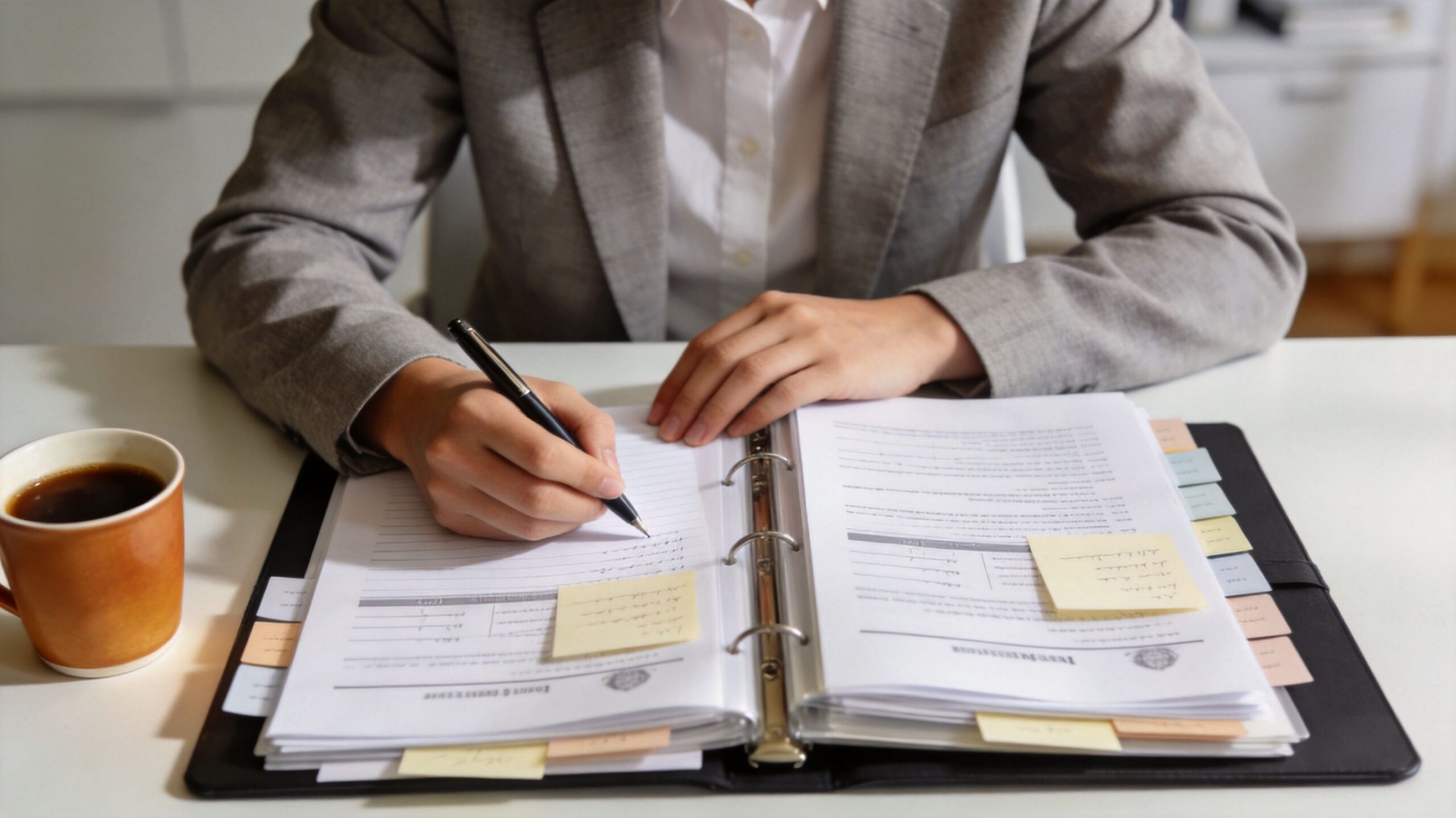 A professional in a gray blazer writing on legal forms inside a binder at a desk.