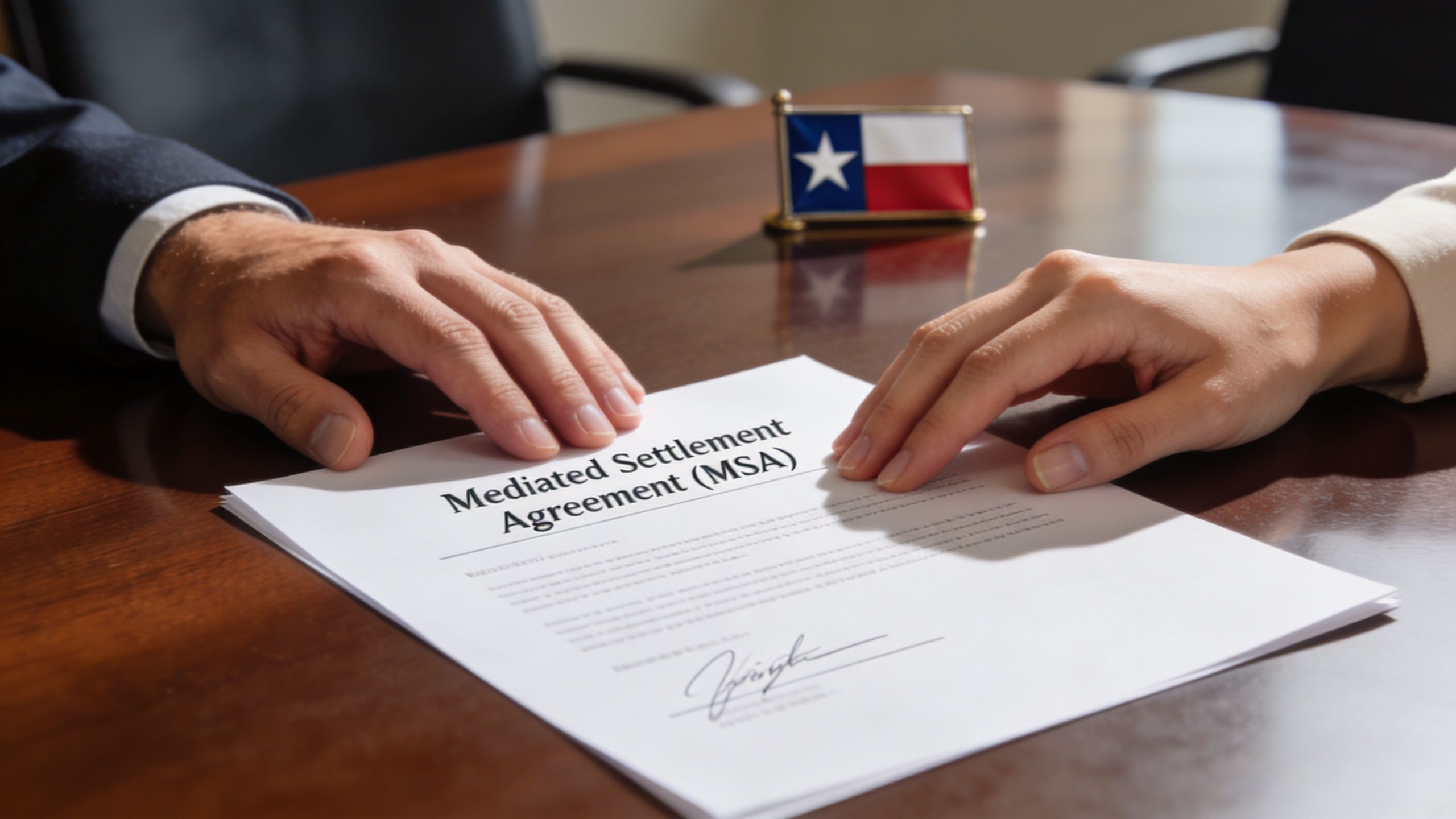 A man and a woman in formal wear signing a Mediated Settlement Agreement in Texas, USA.