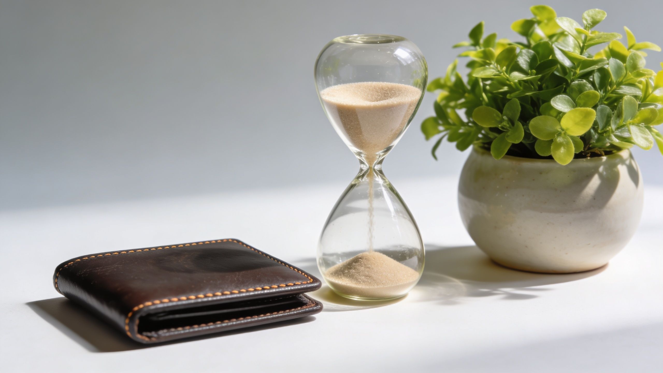 A leather wallet, an hourglass, and a potted green plant on a clean white surface.