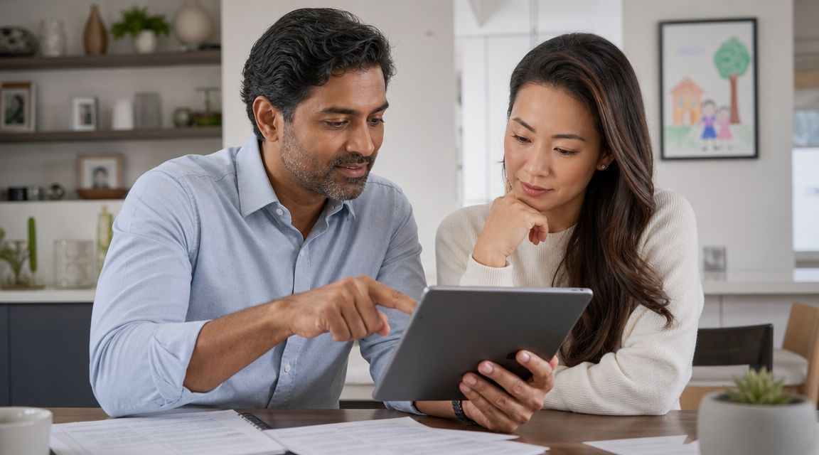 A middle-aged couple looks at a tablet together while reviewing financial or legal documents at home.
