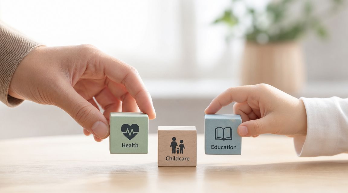 A pair of hands holding toy blocks labeled Health, Childcare, and Education, representing essential child support needs.