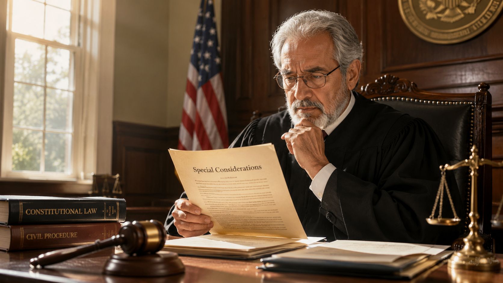 An elderly judge in a courtroom wearing a black robe reading a document titled Special Considerations.