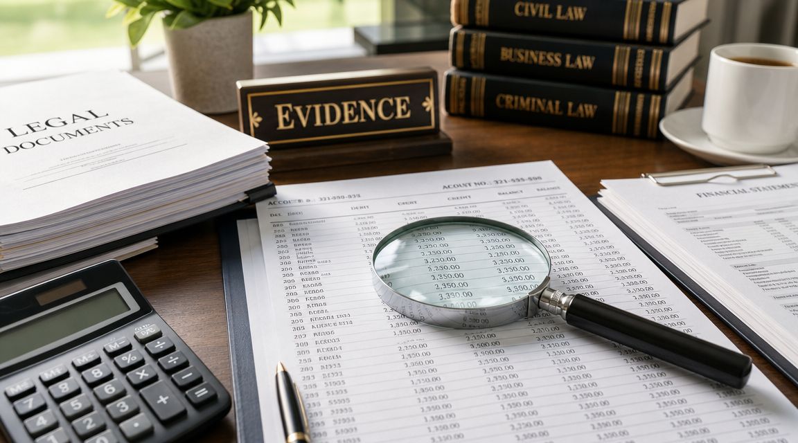A magnifying glass resting on financial legal documents, calculator, law books, and evidence sign on a wooden desk.