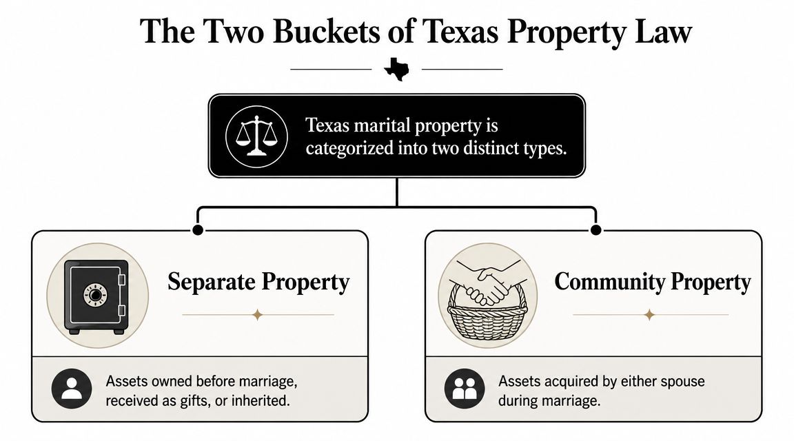 A diagram explaining that Texas marital property is classified as either separate or community property.