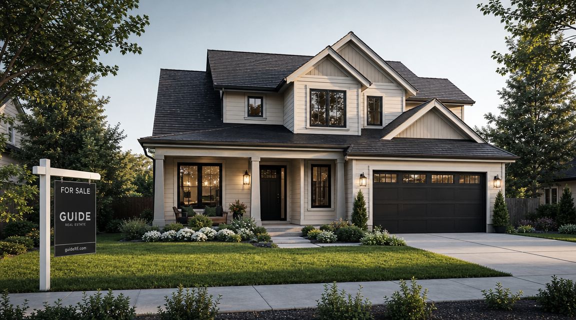 A beautiful modern suburban home with a Guide Real Estate sign in the front yard.