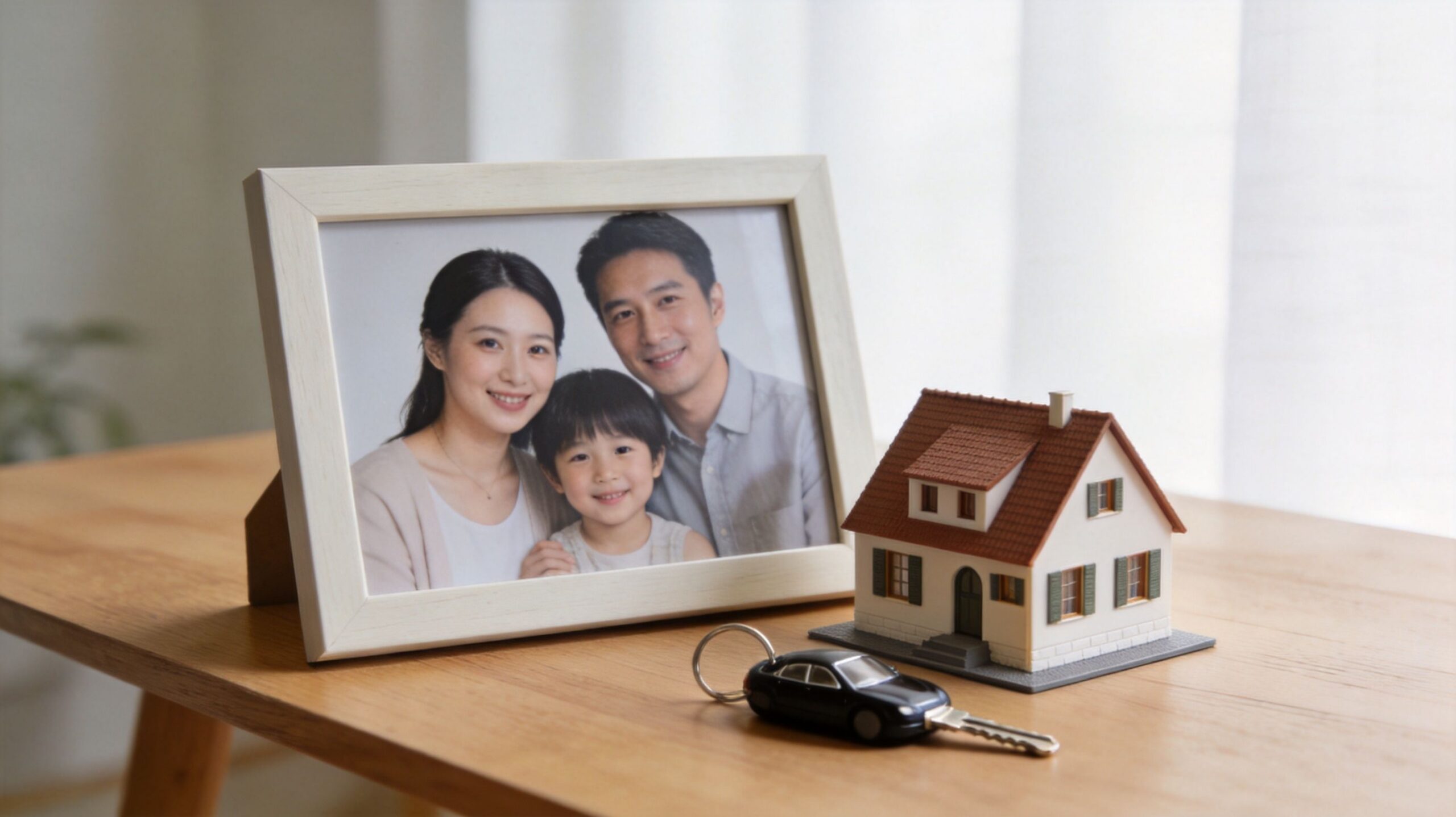 A wooden picture frame with a family portrait placed next to a small house model and car key.