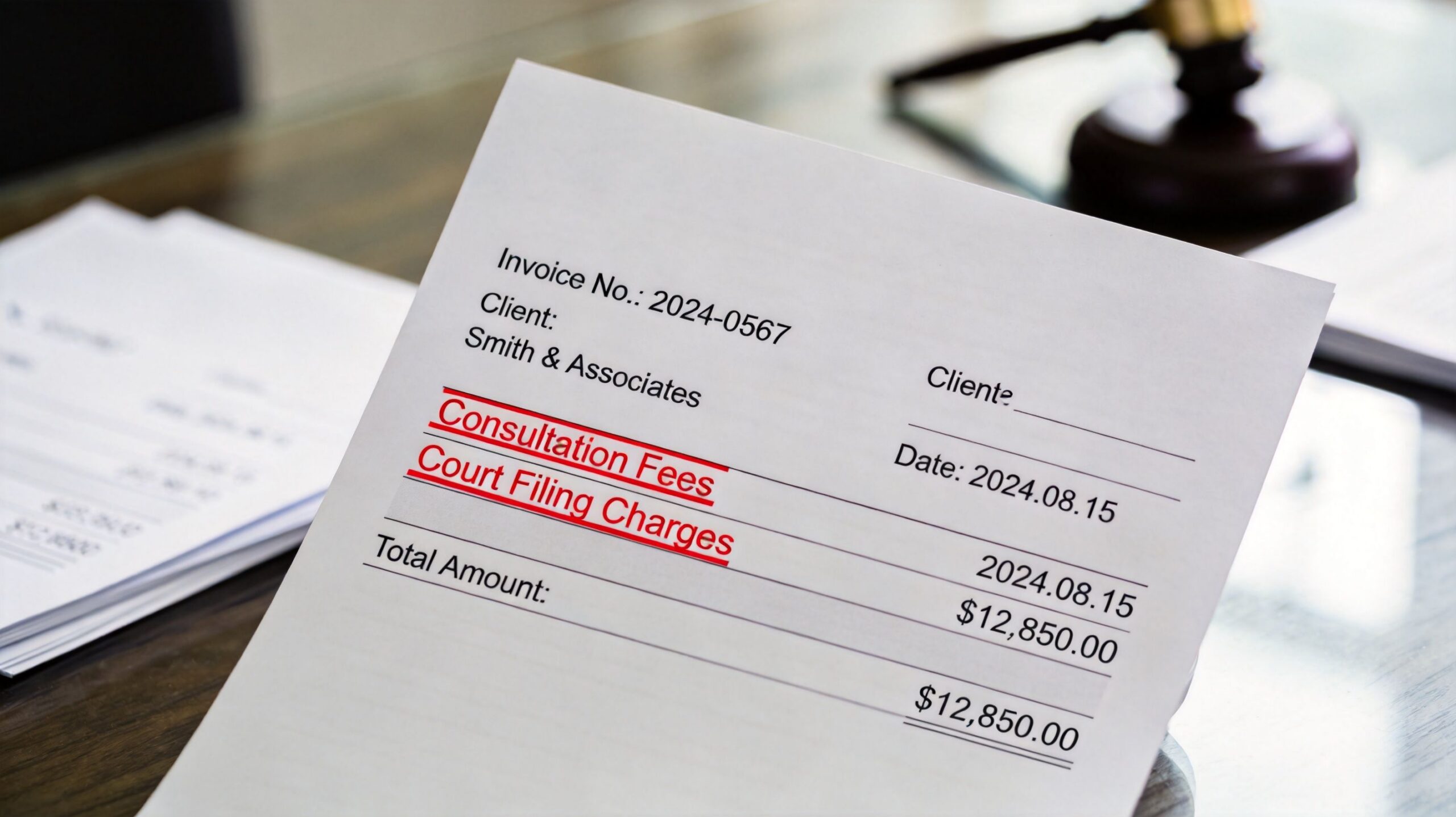 A close-up of a legal invoice detailing consultation fees and court filing charges on a professional desk.