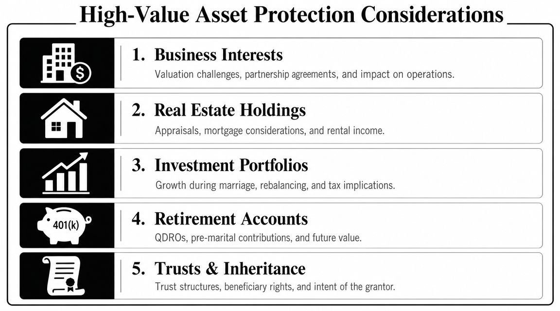 A list of five key high-value asset protection considerations for individuals going through a divorce.