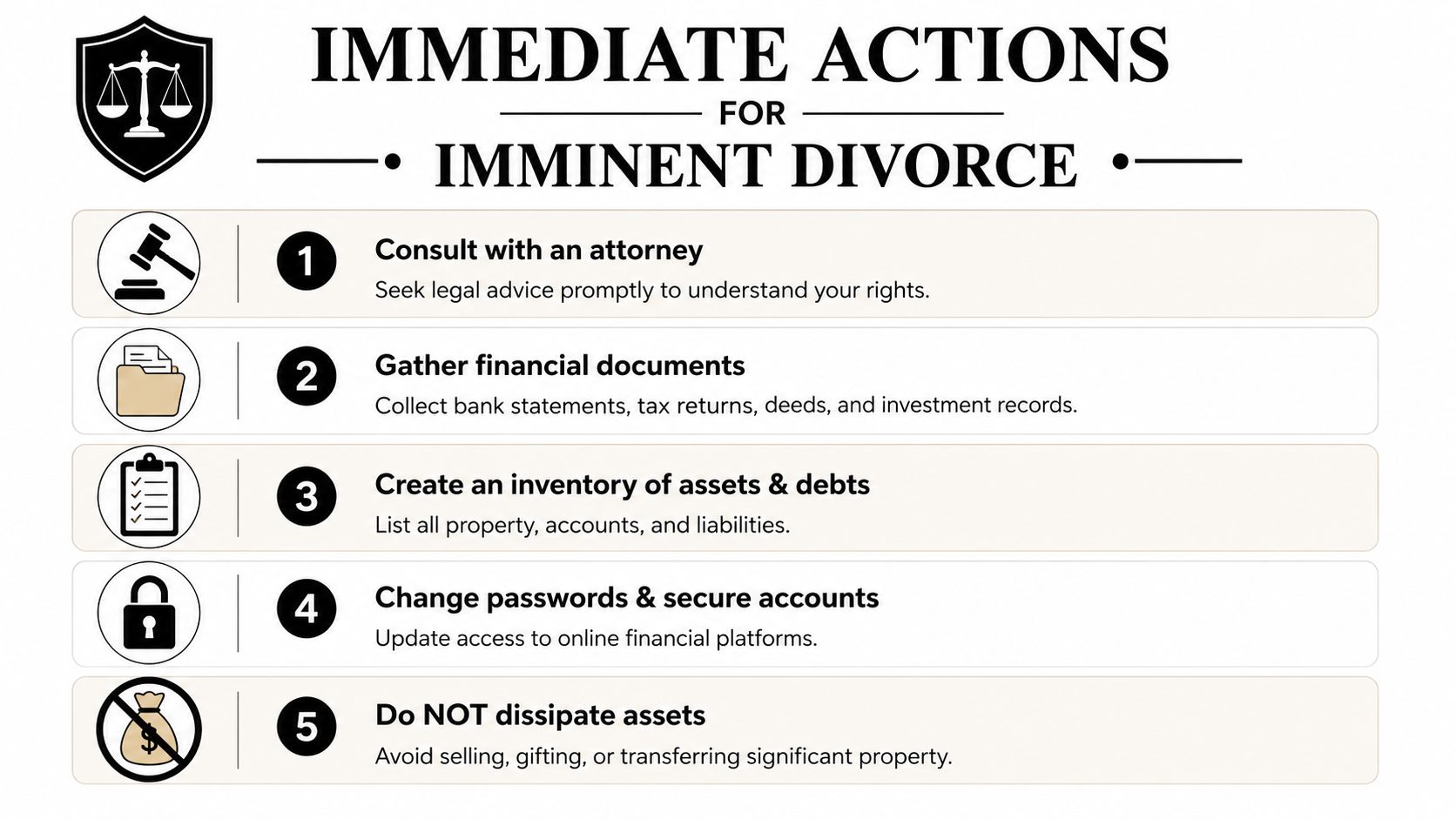 A checklist of five essential immediate actions for individuals preparing for an imminent divorce, presented as an infographic.