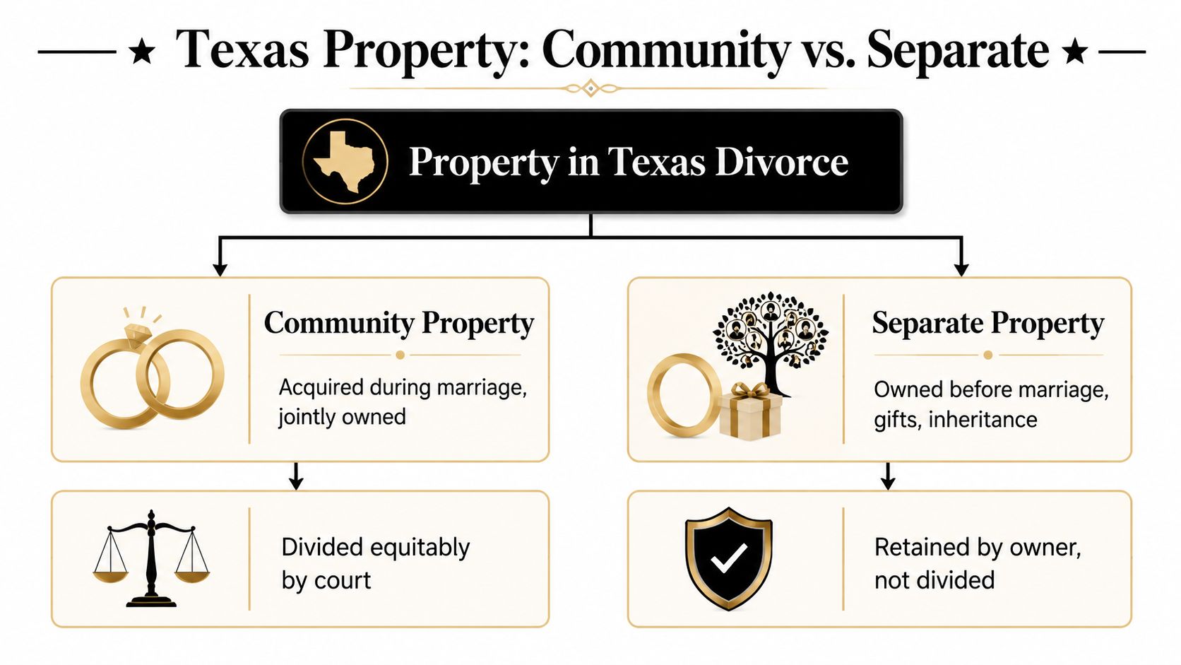 An infographic detailing the difference between community property and separate property in a Texas divorce.