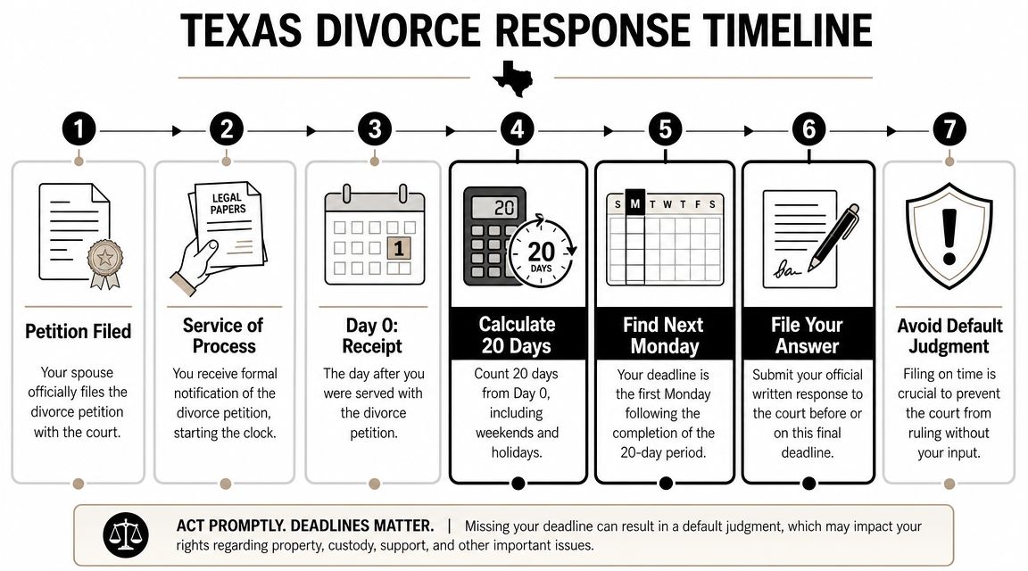 A seven-step visual timeline illustrating the legal process for responding to a divorce petition in Texas.