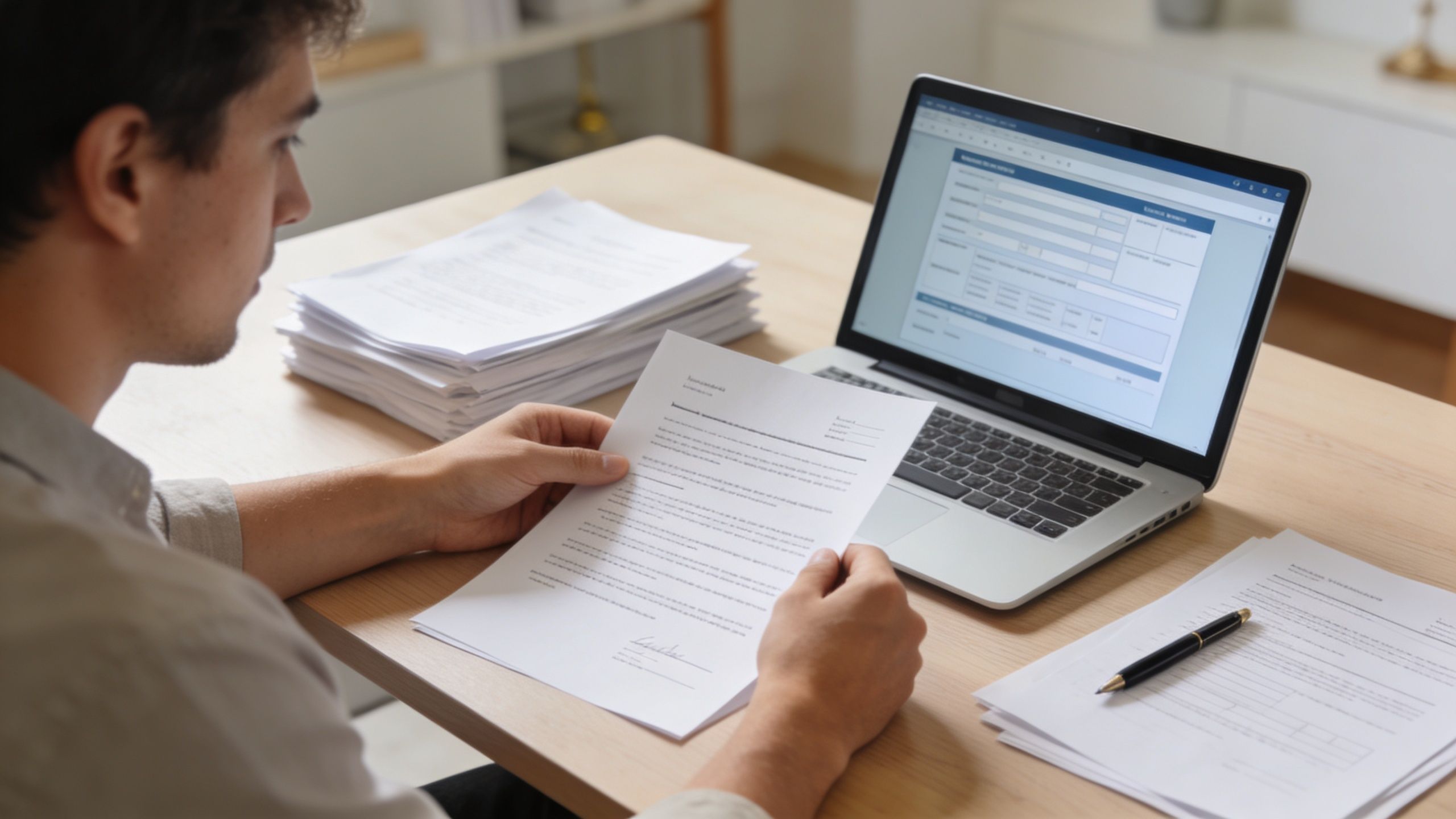 A man sitting at a desk reviewing legal documents while working on a laptop computer.