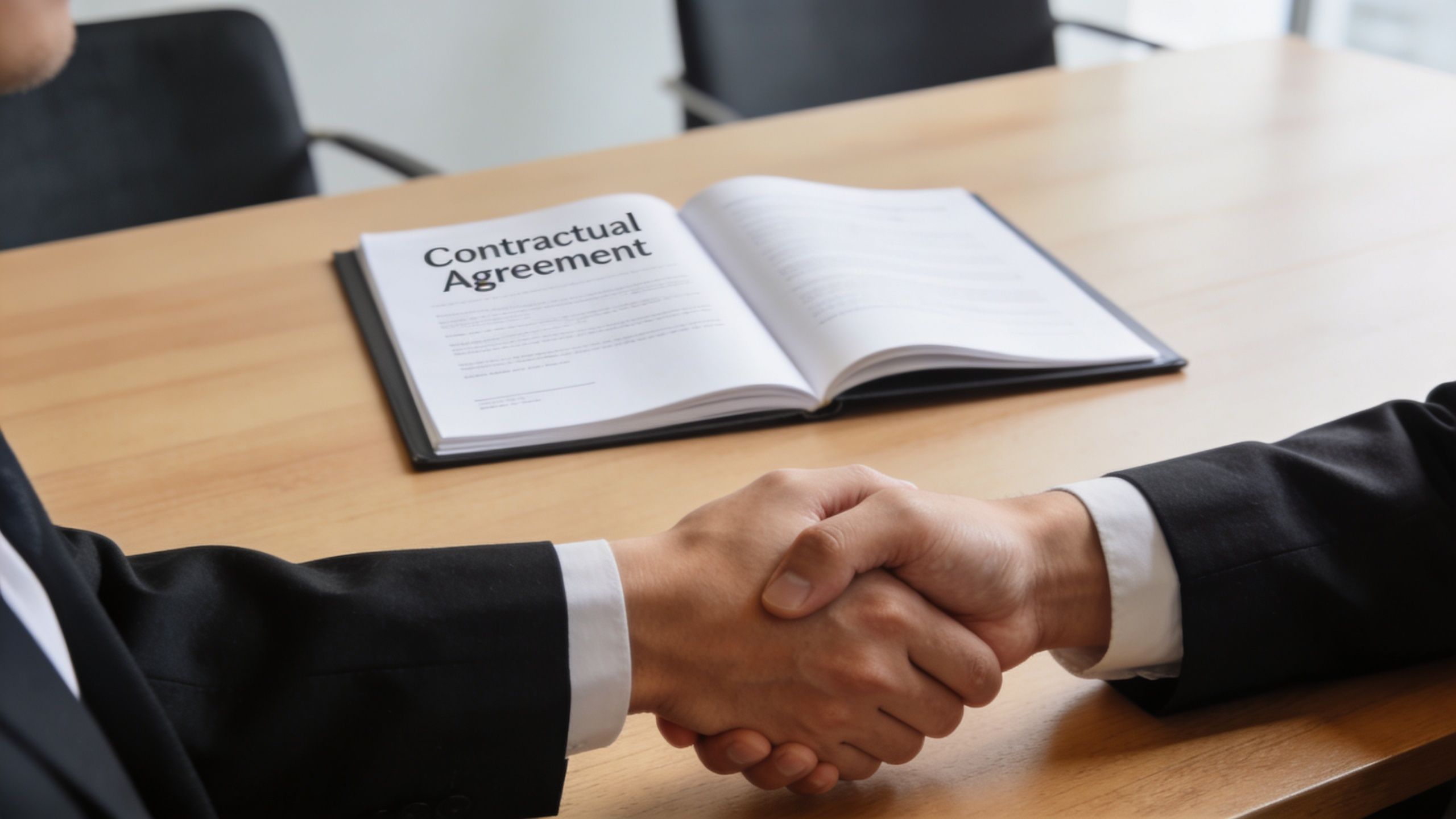 Two professionals in suits shaking hands over a contractual agreement document on a wooden table.