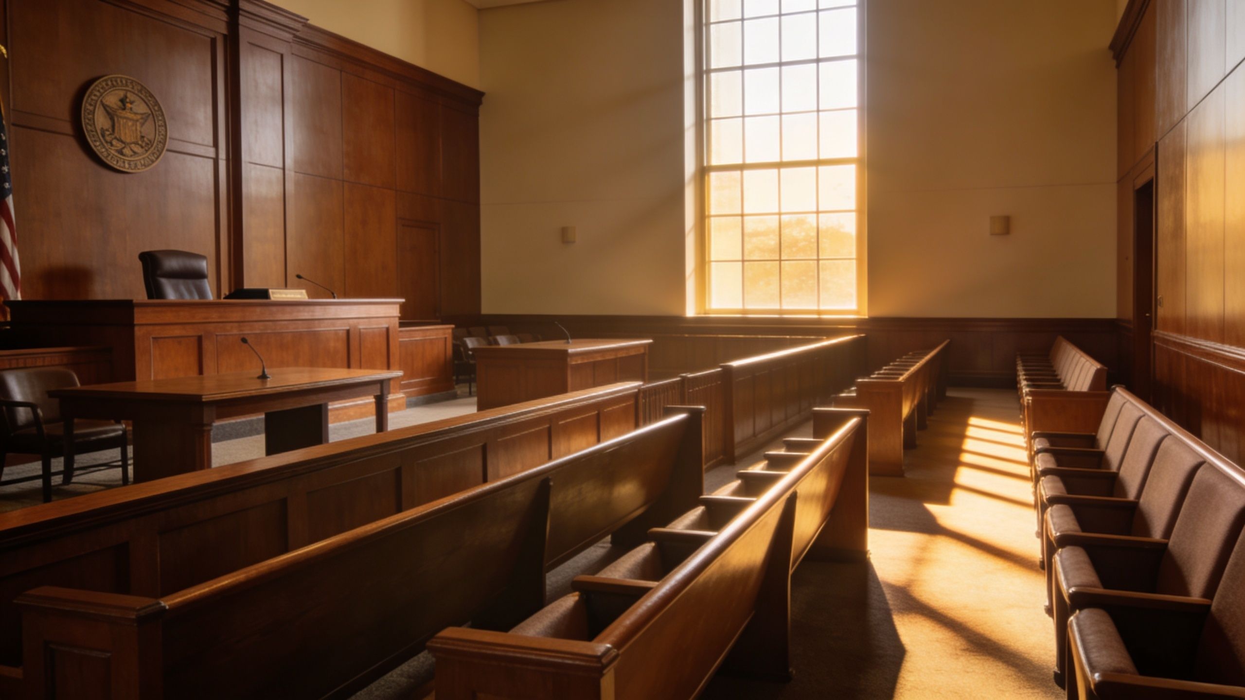 An empty courtroom featuring wooden benches, a judge's bench, and warm sunlight streaming through large windows.