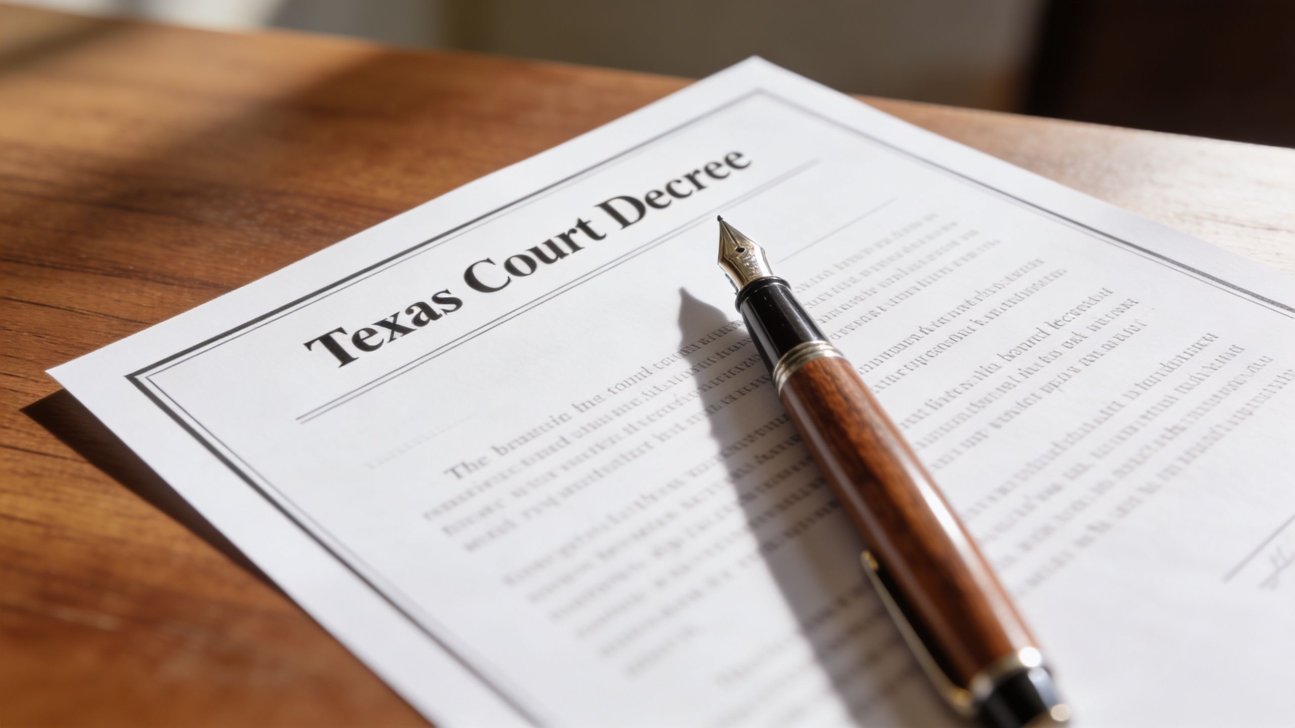 A fountain pen resting on top of a legal Texas Court Decree document on a wooden table.