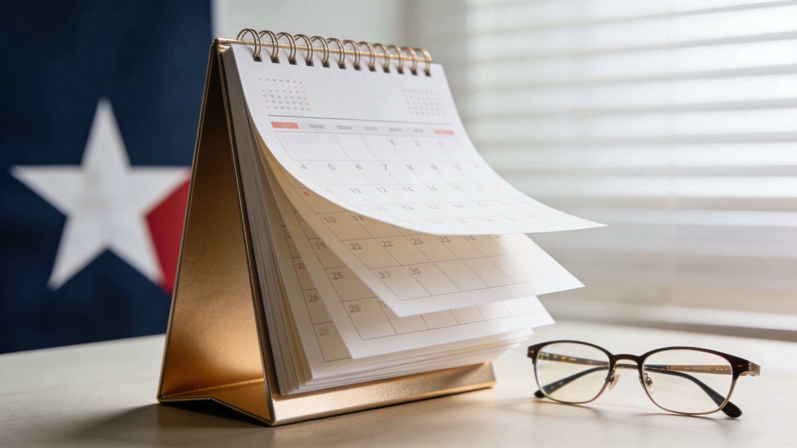A desktop calendar placed next to reading glasses with a Texas state flag in the background.
