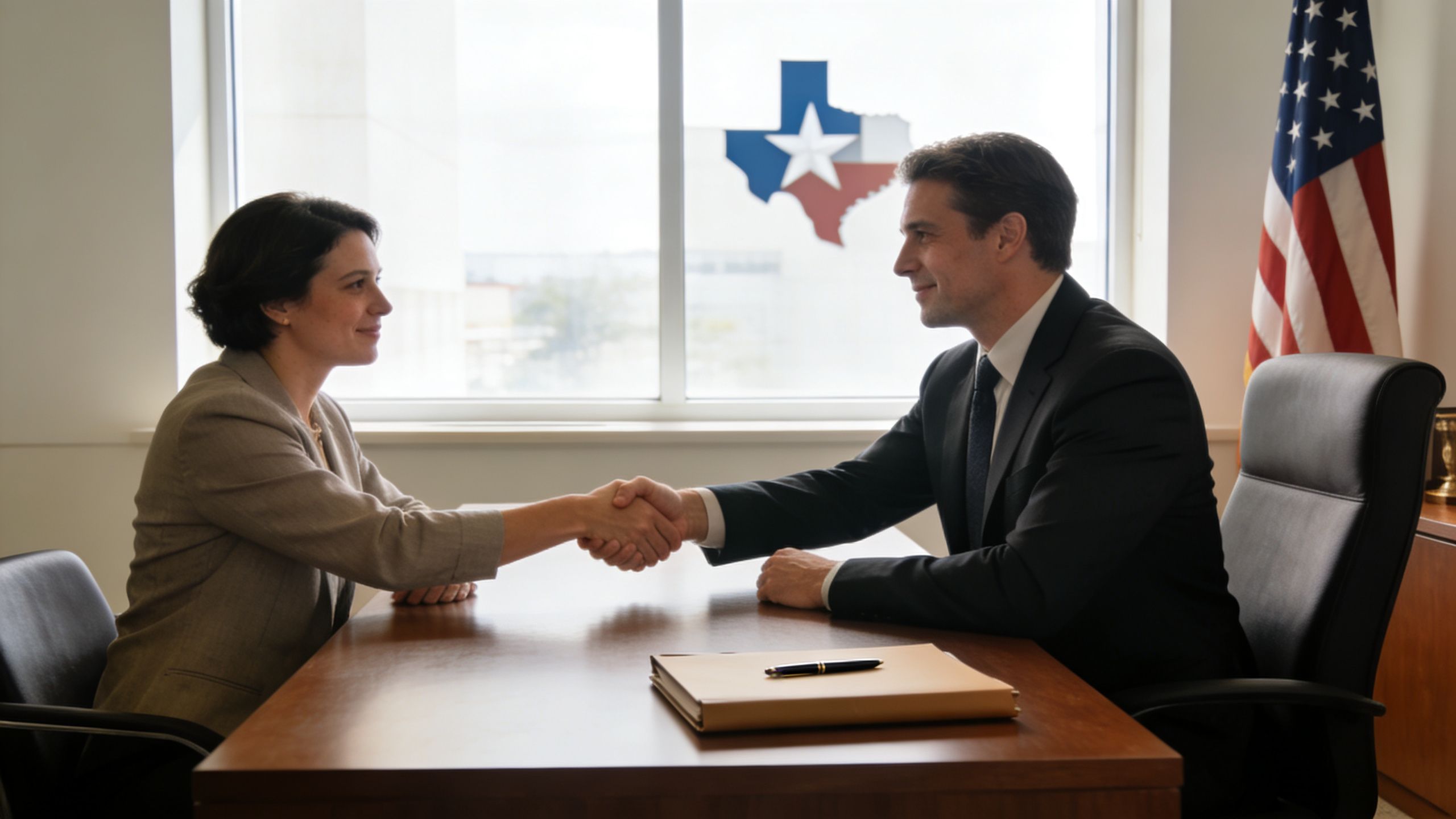 A professional man and woman shaking hands across a desk in a Texas government office.