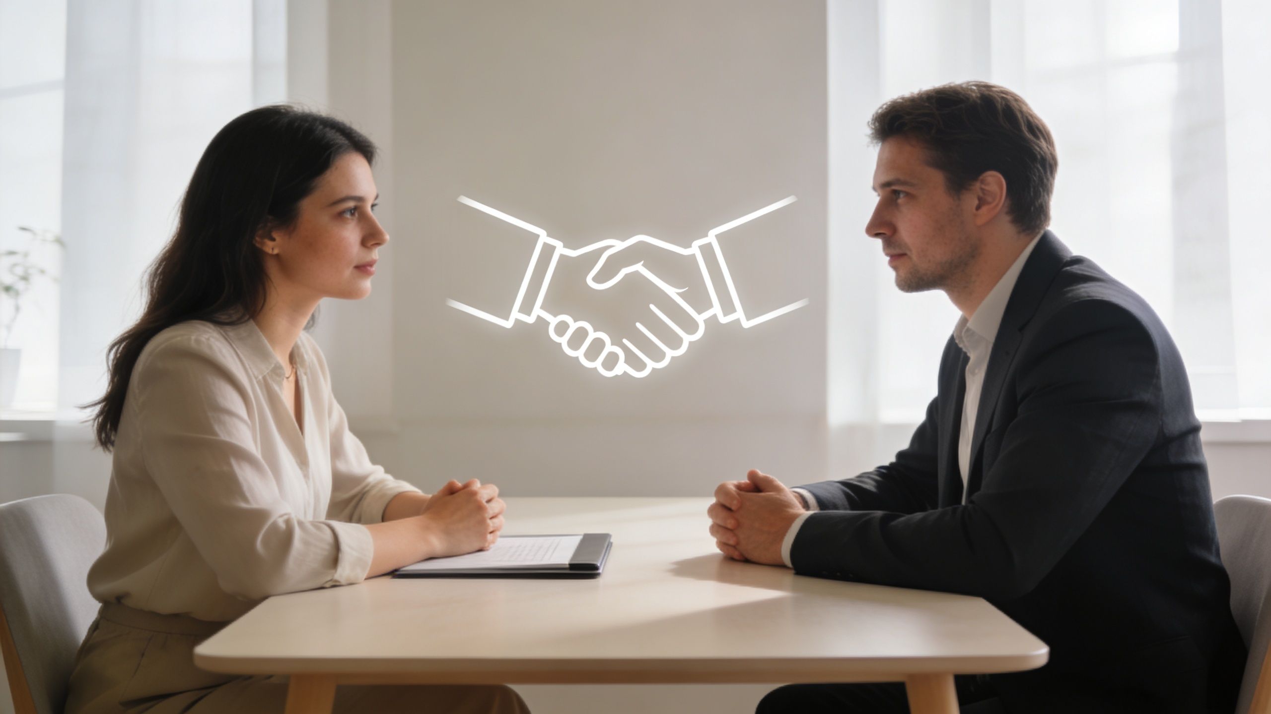 A professional man and woman sitting at a table with a glowing handshake symbol between them.