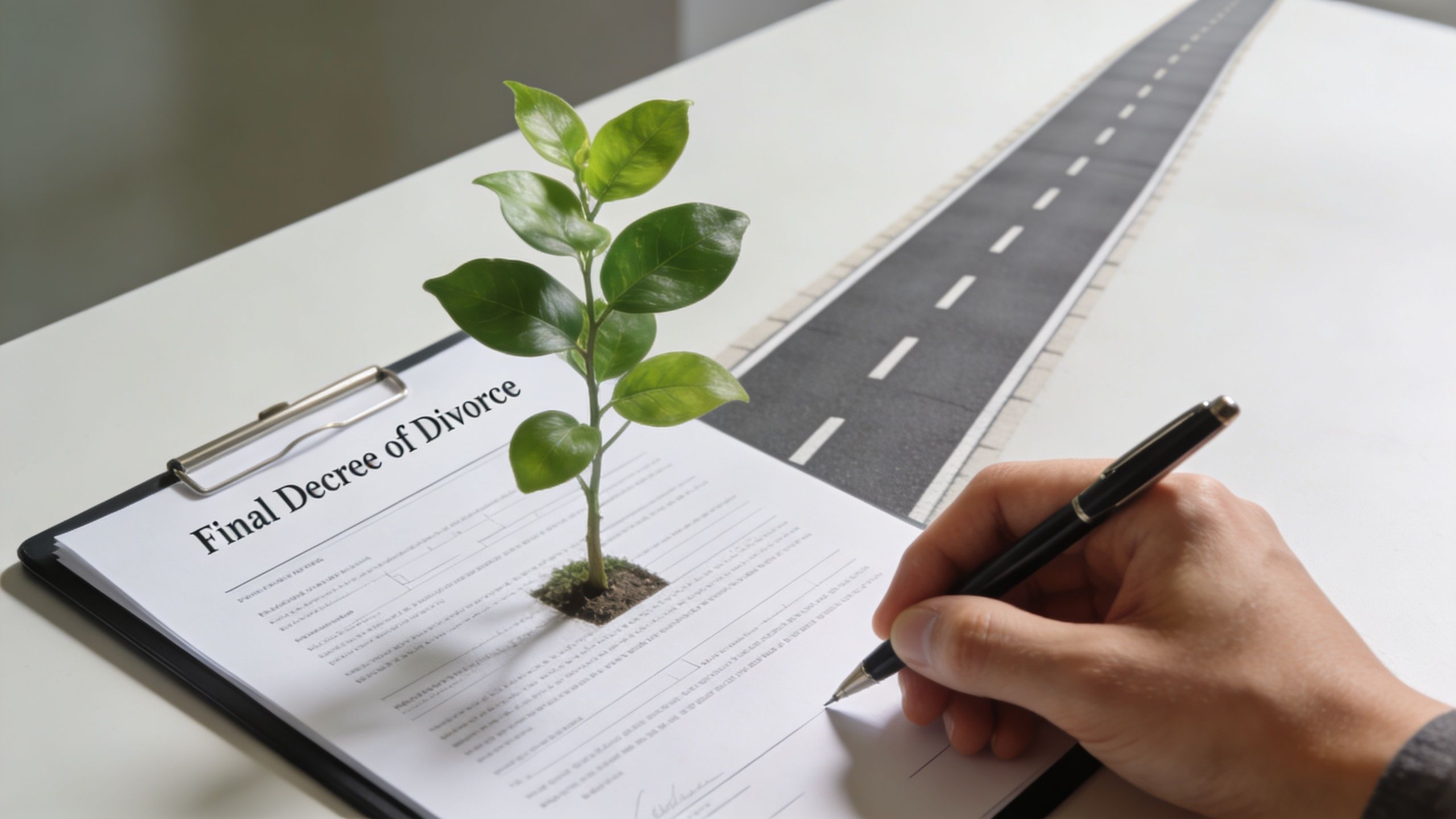 A hand signing a final decree of divorce document next to a small growing plant.