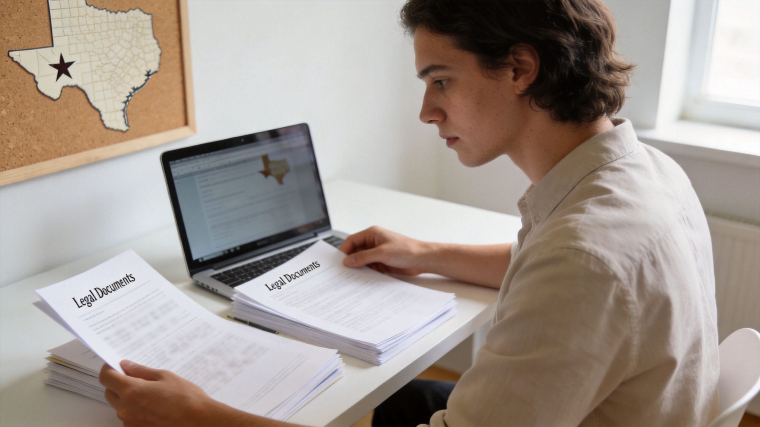 A young man sitting at a desk reviewing legal documents in a bright office environment.