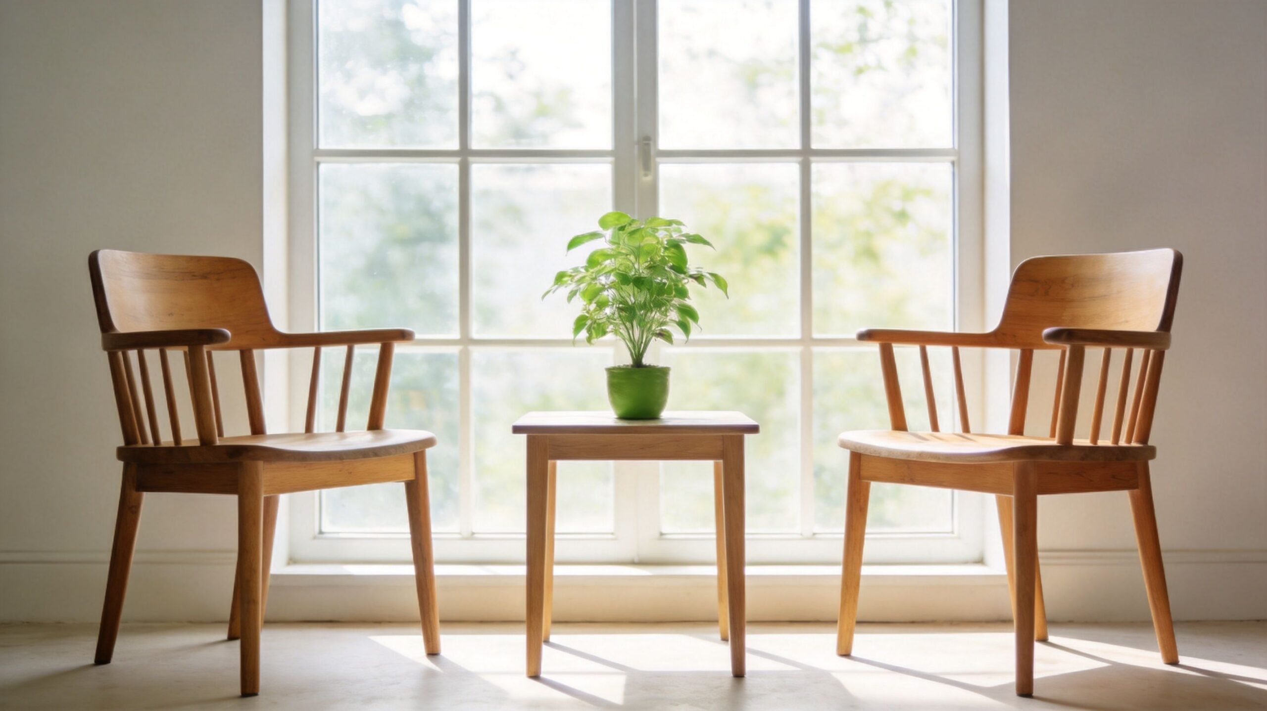 Two wooden chairs face each other with a small table and green plant in between by a window.