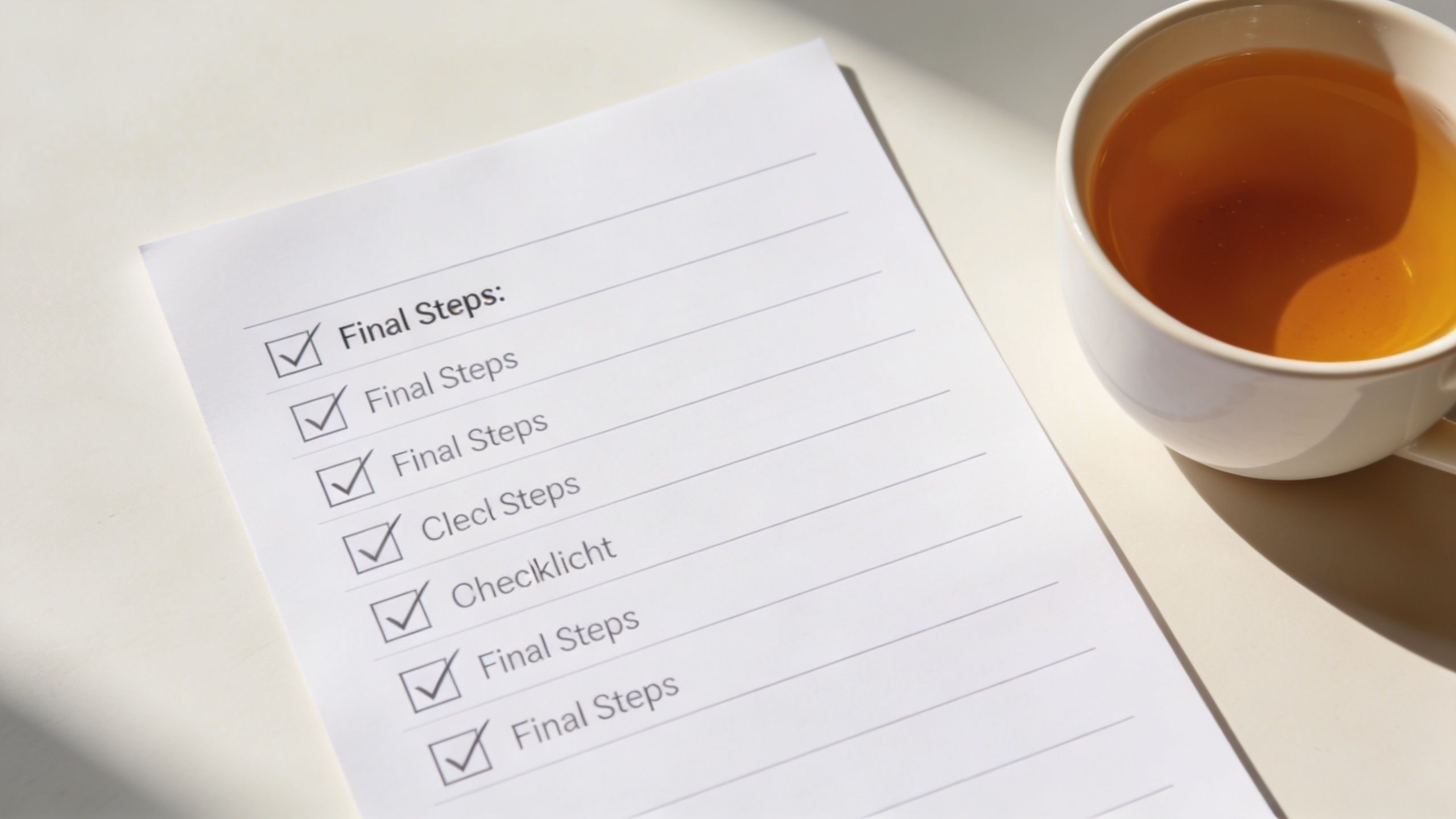 A paper checklist with final steps written on each line placed next to a cup of tea.