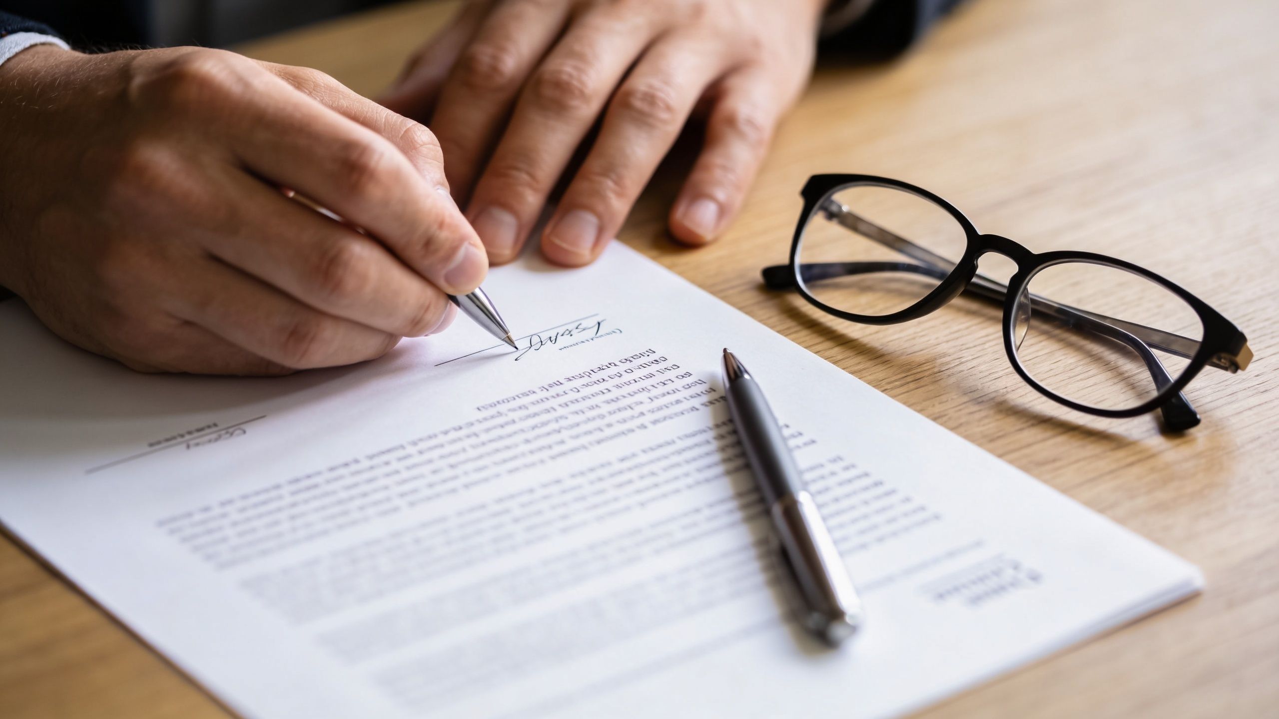 A businessman signs a legal document with a pen, with glasses resting on a wooden desk.