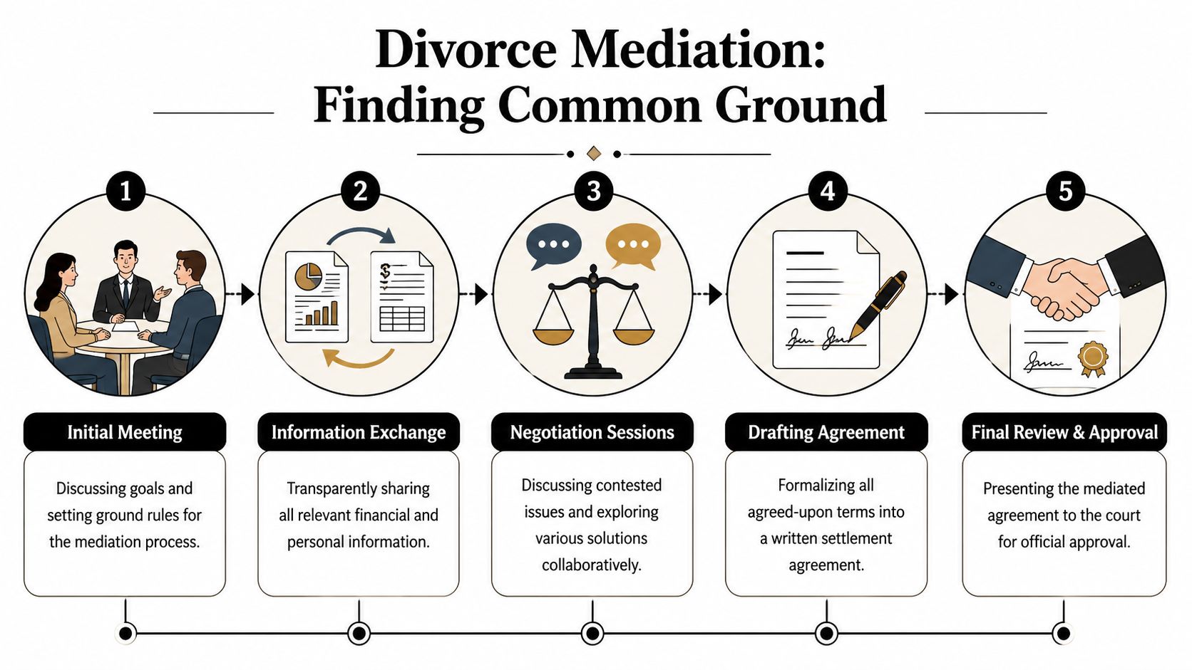 A five-step flowchart infographic illustrating the divorce mediation process from the initial meeting to final court approval.