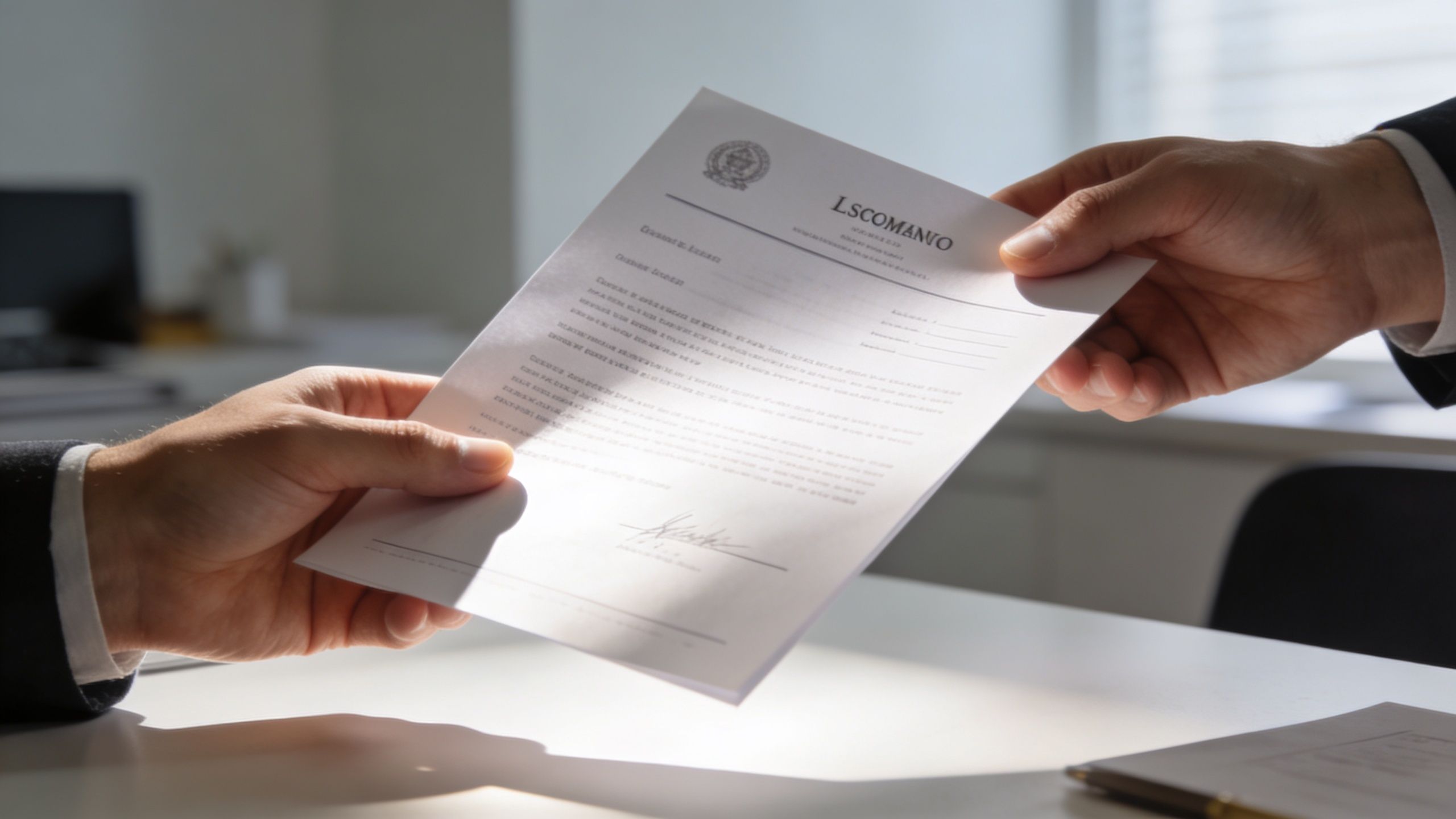 A professional handing a formal legal document to another person across a clean office desk.