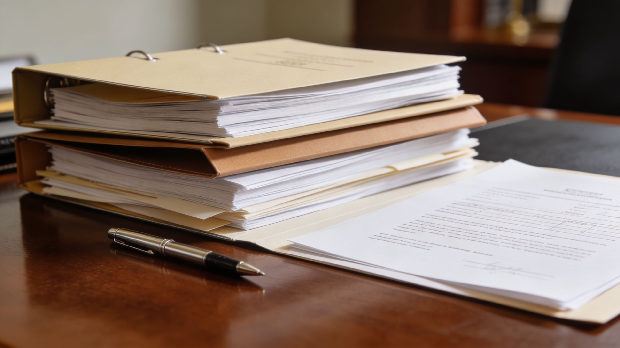 A pile of organized legal documents and a pen on a desk for divorce filing in Texas.