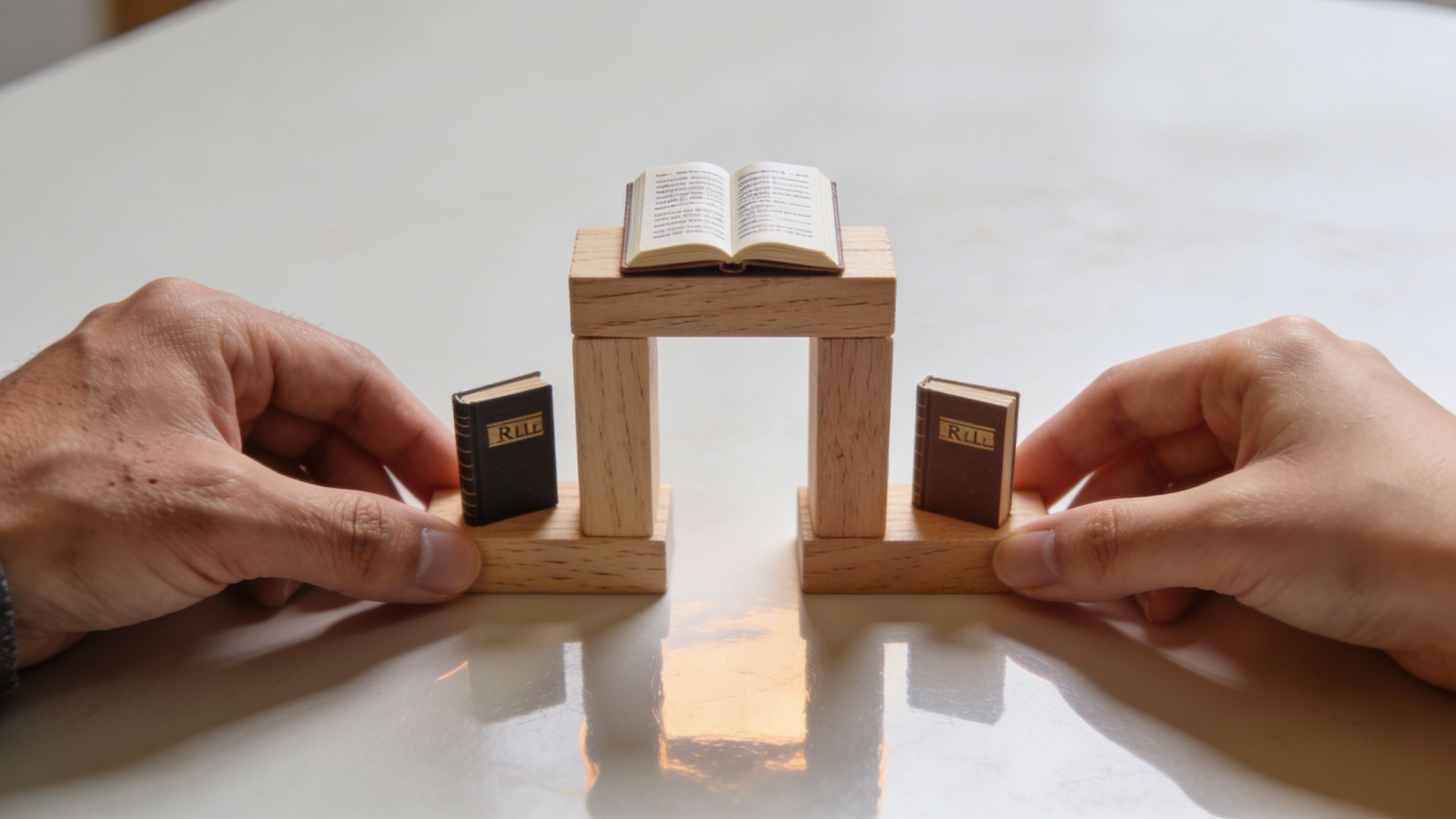 Two hands holding wooden blocks forming a gateway with miniature books on either side and one on top