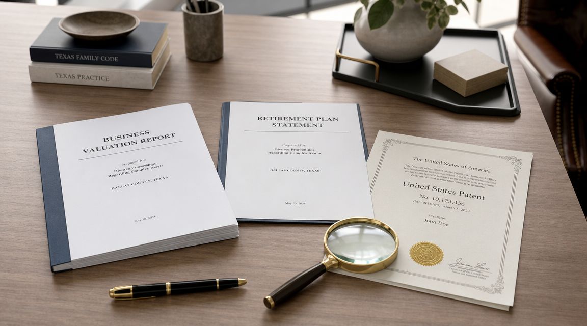 Legal documents, a patent, and a magnifying glass arranged on a wooden desk for divorce proceedings.