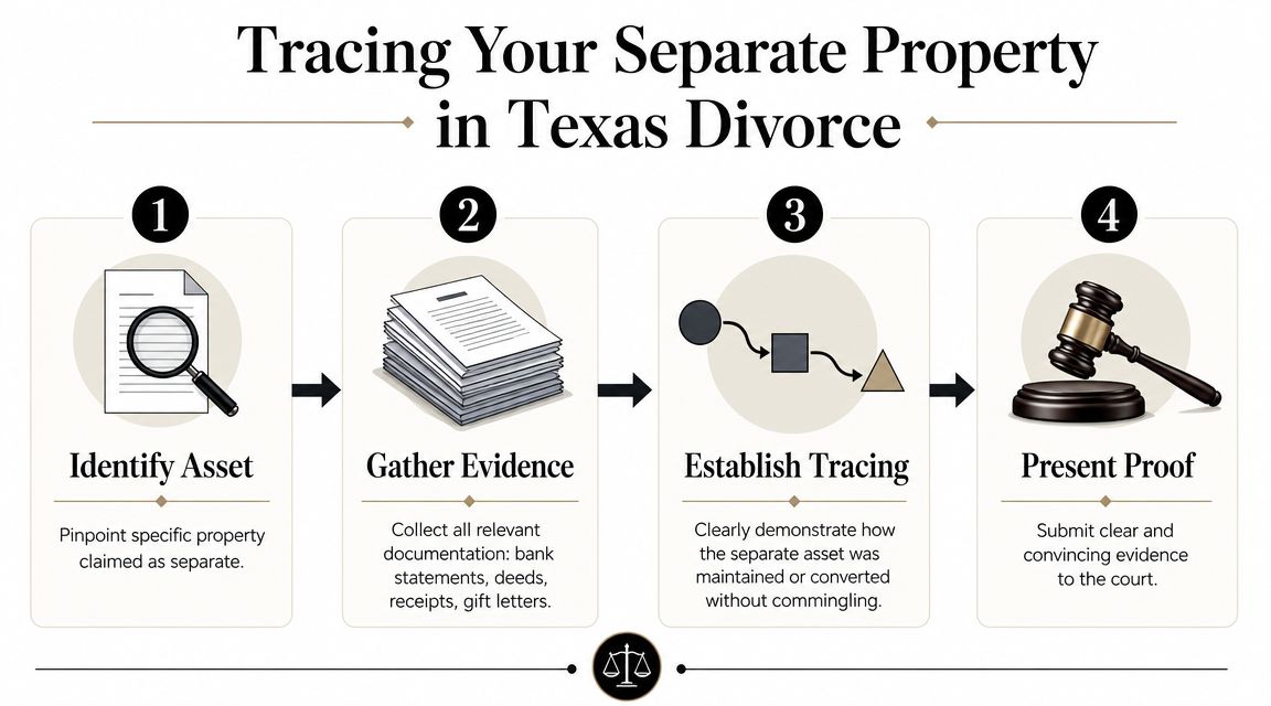 A four-step infographic showing the legal process for tracing separate property in a Texas divorce case.