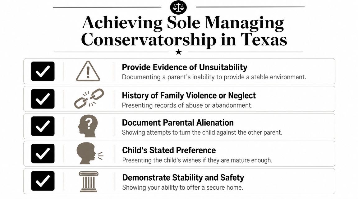 A guide listing five key requirements for achieving sole managing conservatorship in Texas for child custody cases.