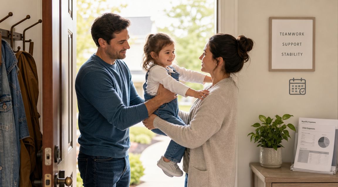 A happy father and mother holding their young daughter together in the doorway of their family home.