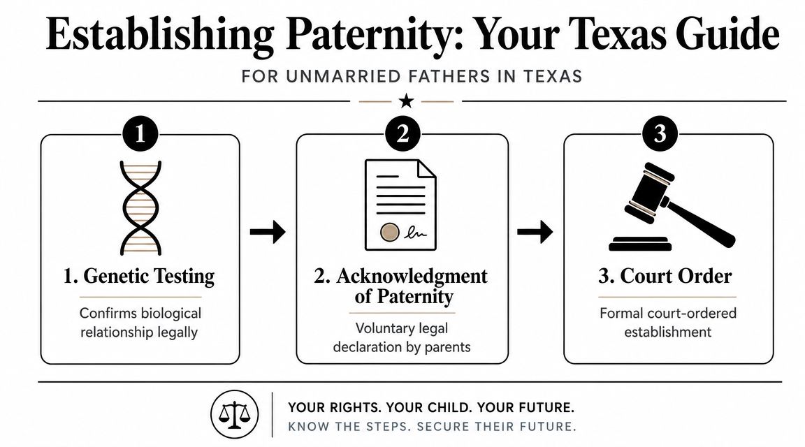 A guide for unmarried fathers in Texas explaining the three legal steps to establish paternity.