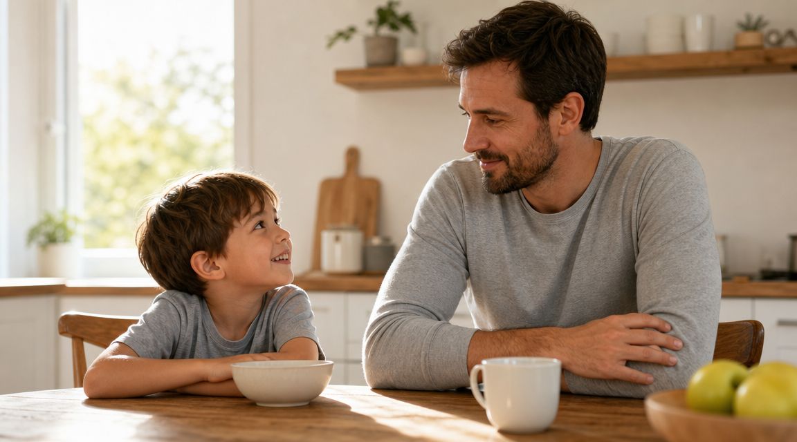 A loving father and his young son sitting at a kitchen table sharing a happy conversation together.