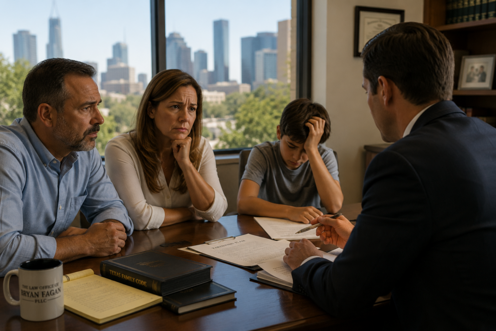 Parents meeting with a Texas family law attorney to discuss alimony, child custody, and protecting their child's academic success during divorce in Houston Heights.
