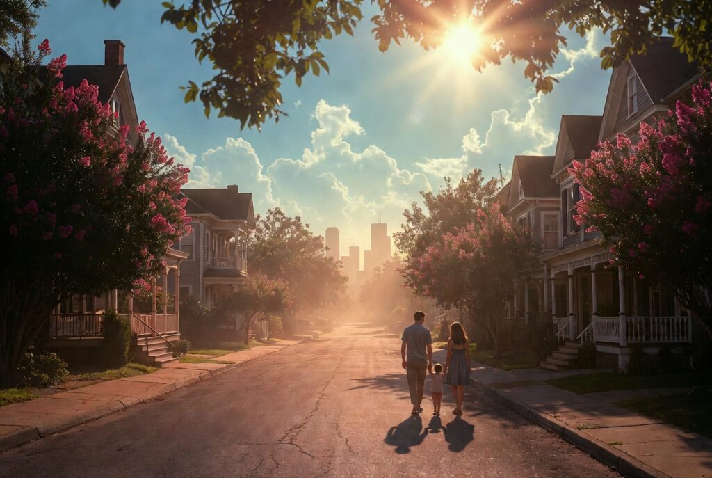Photorealistic cinematic wide-angle view of a young family walking hand-in-hand down a beautiful tree-lined street in Houston Heights, Texas during golden hour summer sunset, representing family stability and new beginnings.