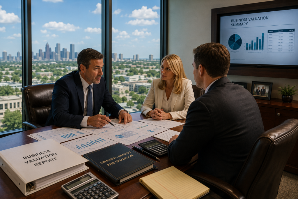 Business valuation experts and divorce professionals reviewing financial reports, company assets, and valuation data during a high-net-worth divorce case in Houston Heights, Texas.