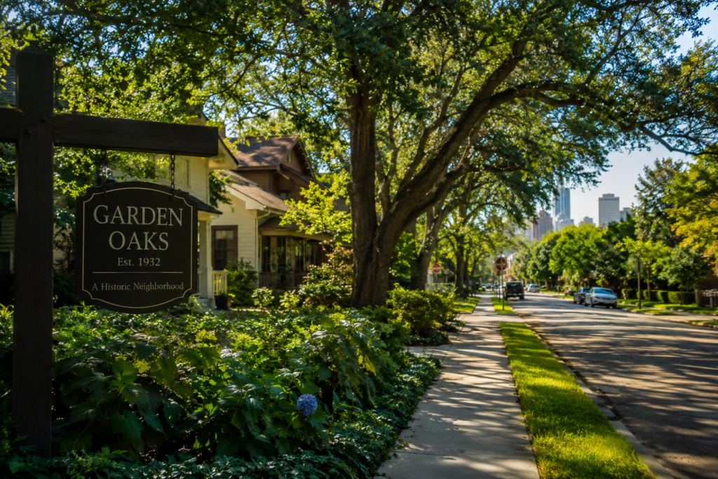 Tree-lined residential street in Houston Heights, Texas, representing families navigating child support and custody matters during divorce.